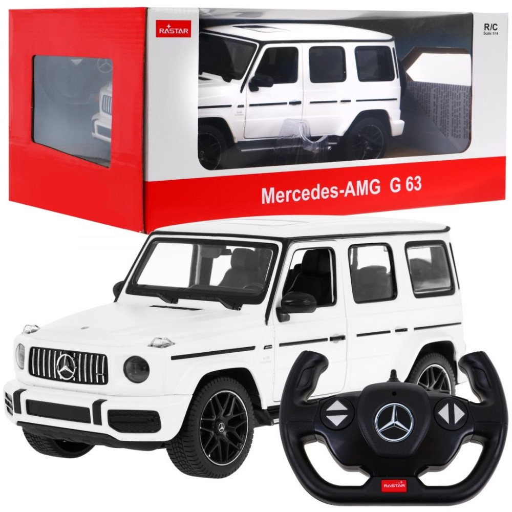 Mercedes-AMG G63 baltas RASTAR 1:14 nuotolinio valdymo automobilis + 2,4 GHz nuotolinio valdymo pultas