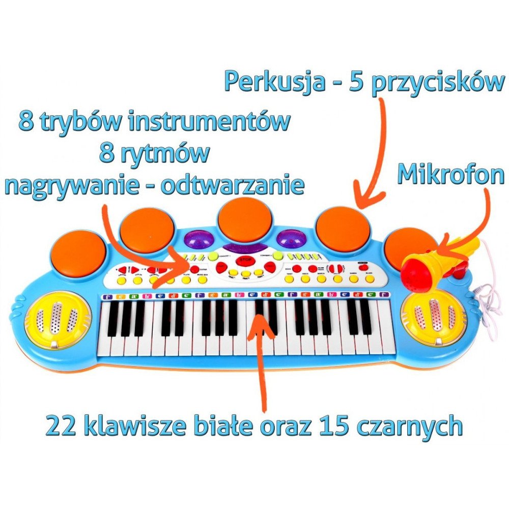 Mėlynas muzikos rinkinys Klaviatūra + būgnai + mikrofonas vaikams 3+ Šviesos + 3 oktavų garsai