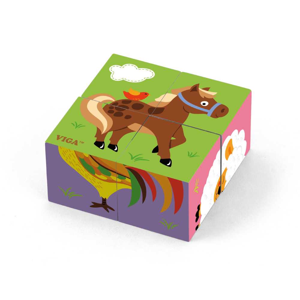 Viga 50835 4Pcs 6-Side Cube Puzzle - Farm Animals