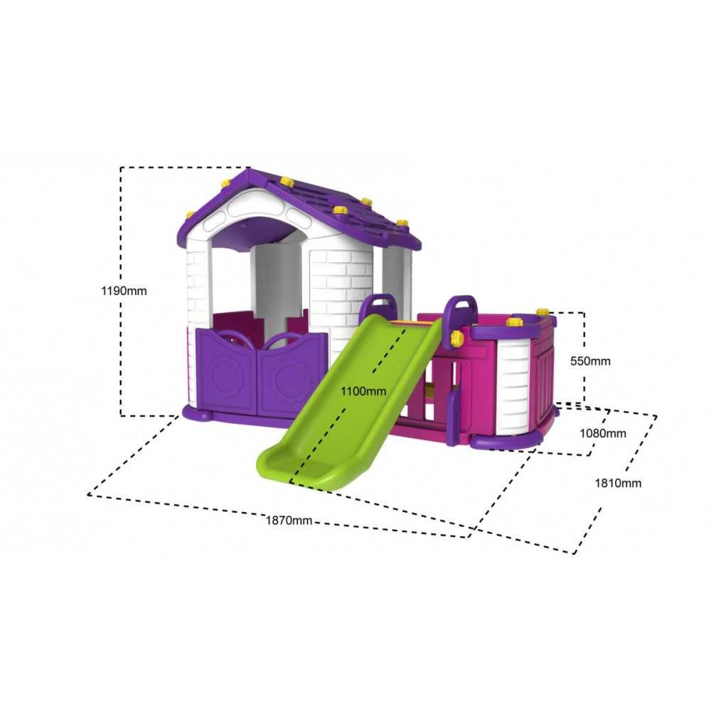 Vaikų sodo namelis "3 viename" Violetinės spalvos + čiuožykla + sodas su tvora